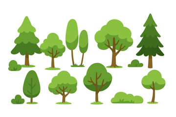 Vector flat illustration of various green trees and bushes in natural setting, cartoon style, nature elements collection, forest foliage, transparent background for design projects