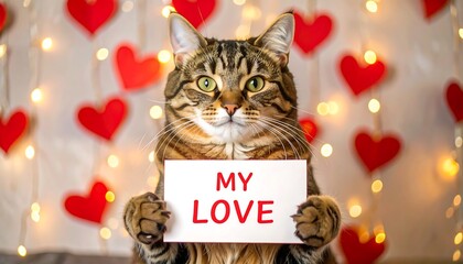 Tabby cat holding Valentine's Day sign