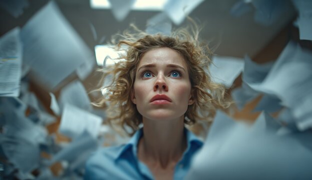 A woman with curly hair looks upward, surrounded by flying white papers, expressing shock