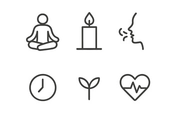 Minimalist wellness icons set featuring meditation pose, candle flame, deep breath, clock time, nature sprout, and heartbeat pulse. Vector health and relaxation symbols with transparent background.