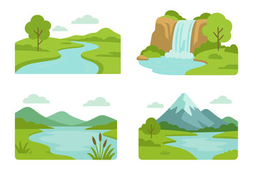 Vector flat illustration of diverse water bodies with natural scenery and serene environmental features, including river, waterfall, mountain lake, and peaceful landscape, cartoon style