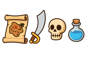 Pirate adventure icon set. Vector flat cartoon illustration of treasure map, sword, skull, and potion. Sea journey elements for game assets, stickers, or party design. Isolated objects.