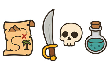 Pirate icon set vector illustration. Flat cartoon collection of pirate items. Treasure map, sword, skull, and potion bottle. Adventure game assets for design elements.