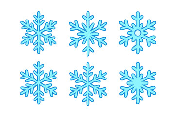 Set of six isolated blue snowflake icons, winter frost vector collection, cartoon style frozen ice crystals, transparent background, seasonal cold weather symbols, decorative snowfall elements