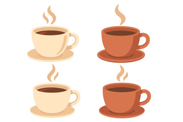 Warm steaming coffee cups set, flat vector illustration, cozy cafe coffee mugs, hot beverage collection, cartoon style with transparent background, coffee lovers, ordered set of four cups