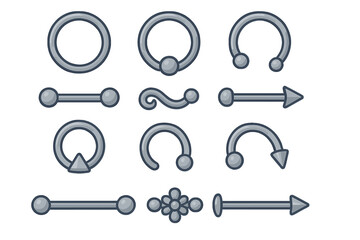 Body piercing jewelry vector set. Metallic rings, barbells, labret studs, horseshoes. Steel surgical accessories for ear, nose, lip, tragus. Flat cartoon illustration icons.