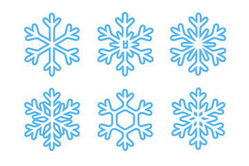 Isolated snowflake icons collection, winter vector illustrations, cartoon style snow crystals, transparent background, ordered six-part snowflake set design for seasonal graphics