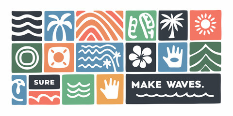 Colorful tropical mosaic of beach and ocean icons with motivational phrases © Rahul