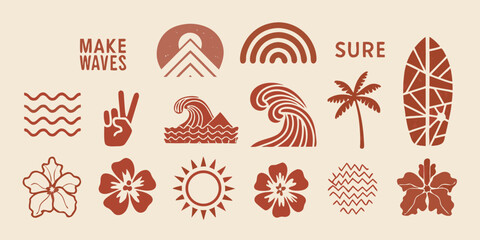 Collection of boho tropical and surfing themed icons and symbols with make waves text © Rahul