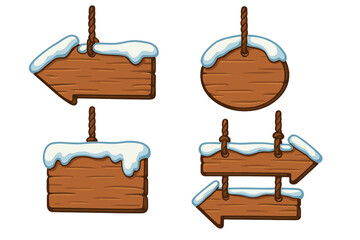 Wooden signboard icon set with snow, rustic hanging wood signs in cartoon style, winter theme, arrow and round shapes, transparent background, vector illustration design