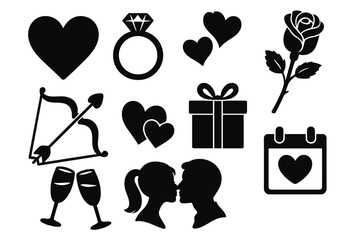 Romantic symbols set with hearts, engagement ring, rose, cupid&rsquo;s bow and arrow, gift box, kissing couple silhouette, wine glasses, and love calendar icon in black vector cartoon style