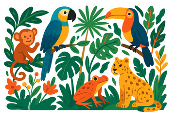 Jungle animals vector set with cute cartoon parrot, toucan, monkey, leopard, and frog. Tropical rainforest wildlife collection. Exotic nature, plants, and leaves illustration.
