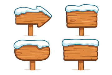 Wooden winter signboard set with snow cap, cartoon style vector icons, rustic wood texture direction arrows and blank signage, seasonal cold weather design elements