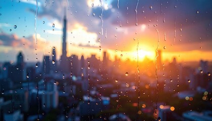 Rainy Cityscape at Sunset