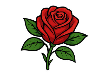 Vibrant red rose illustration with green leaves on white background, floral nature beauty, vector cartoon style, elegant flower design, garden plant decoration, romantic symbol