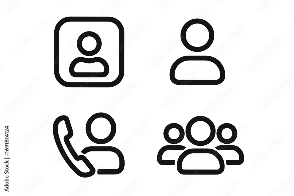 Wall mural contact and group management icon set. user, team, and call icons for web and app ui. minimal outlin
