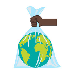 Planet earth in a plastic bag that holds hand. Pollution problem concept disposable polythene package . No to plastic. White background. Vector illustration