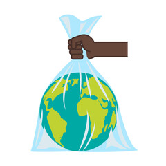 Planet earth in a plastic bag that holds hand. Pollution problem concept disposable polythene package . No to plastic. White background. Vector illustration.eps