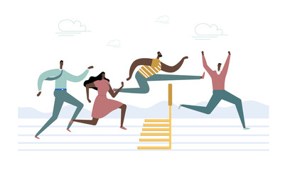 Running with obstacles. Business concept. Young people run to the distillation, jump over hurdles. Flat style. Vector