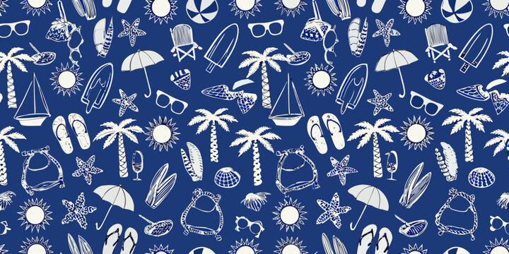 Seamless pattern of hand drawn summer vacation icons including palm trees surfboards sunglasses and beach chairs on a blue background
