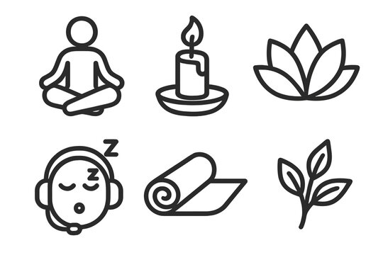 Yoga and meditation line icon set for wellness and relaxation. Minimalist vector icons for mindfulness, spa, health, and calm. Includes lotus, candle, and yoga mat.