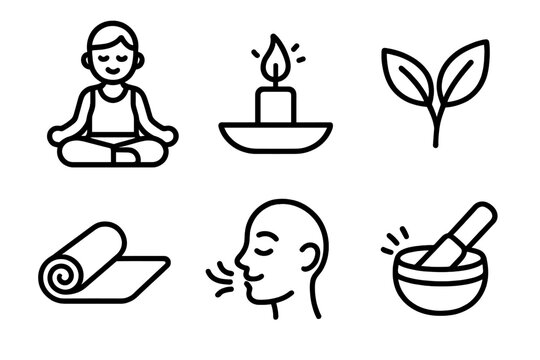 Minimalist line icon set for yoga and meditation. Vector symbols for relaxation, wellness, spa, aromatherapy, breathing exercise, and healthy lifestyle. Simple clean design. - Powered by Adobe