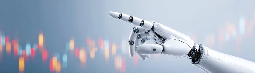 Artificial Intelligence in the Digital Economy, Robotic hand pointing towards colorful data visuals in a futuristic setting.