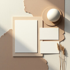 Invitation card mockup minimalist arrangement featuring white paper, tan envelope, sphere, and wheat stalks on neutral surface