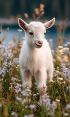 Obraz premium A cute fluffy white baby goat stands in a sunlit meadow surrounded by delicate purple wildflowers embodying natural innocence