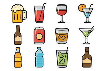 Drink and beverage icon set. Vector collection of alcohol and soft drinks including beer, wine, cocktails, soda and water. Flat cartoon style icons for web, app, menu design.