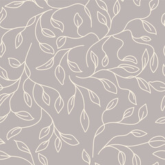 Elegant Line Art Leaf Pattern. Hand Drawn Floral Wallpaper Design. Botanical Vector Illustration. Leaves Print Template. Minimalist Elegant Background with Curvy Leaves Branch.