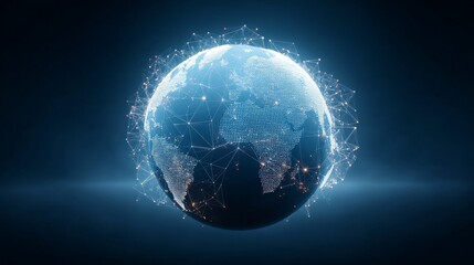 Artificial Intelligence in the Digital Economy, A digital globe composed of interconnected lines and nodes against a blue background.