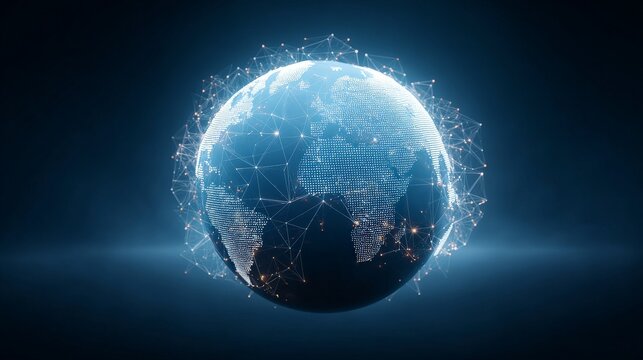 Artificial Intelligence in the Digital Economy, A digital globe composed of interconnected lines and nodes against a blue background.