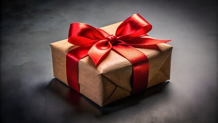 Obraz premium Gift box with red ribbon on dark textured surface