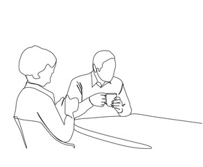 Old man and woman talking and taking tea, continuous line art