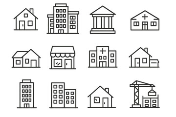 Fototapeta premium Building & real estate line icon set. Thin linear pictogram collection of city architecture: house, home, apartment, office, bank, hospital, store, construction. Vector symbols.