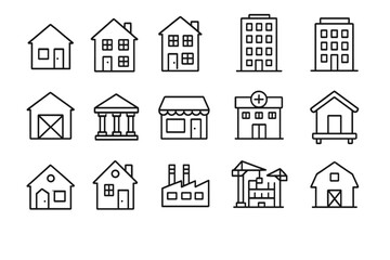 Building line icon set. House, real estate, architecture and construction symbols. Includes bank, hospital, factory, and store icons. Modern thin line pictograms for web.