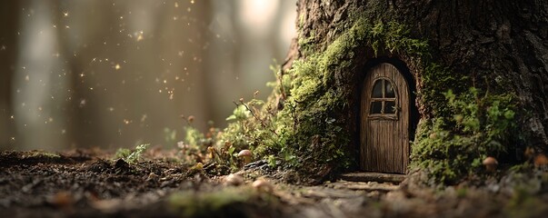 A miniature wooden door nestled within a moss covered tree trunk in an enchanted forest with glowing dust motes
