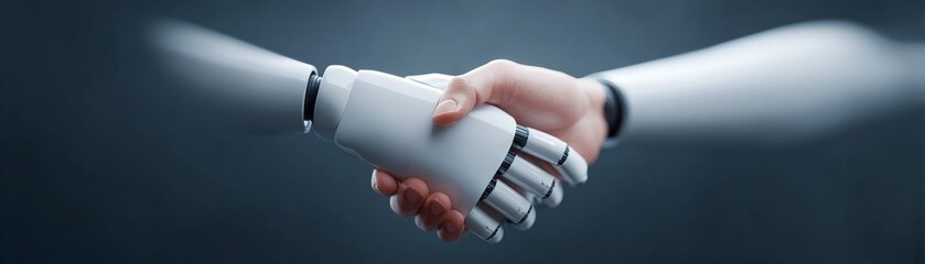 Artificial Intelligence in the Digital Economy, A human hand shakes a robotic hand, symbolizing collaboration between technology and humanity.