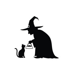 Witch feeding black cat with food bowl animal