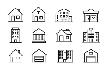 Modern line icon pack of various houses and constructions, including apartment buildings, banks, stores, garages, hospitals, and residential homes for design, websites, apps, and cards