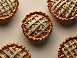 Five freshly baked lattice-topped pies arranged on a beige surface with golden-brown crusts and crimped edges.