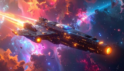 Spaceship in a Colorful Nebula