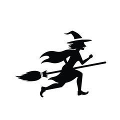 Black witch running with broom icon silhouette