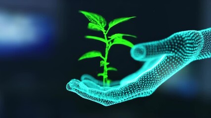 A glowing turquoise hand holds a small green plant - Powered by Adobe
