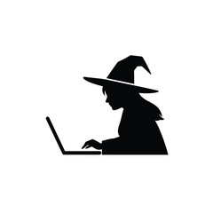 Witch typing on laptop silhouette black white