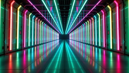 Fototapeta premium Futuristic Neon Corridor with Reflective Tiles and Symmetry