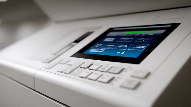 Office printer in action at midday, showcasing its multifunction capabilities and modern interface