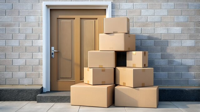 Cardboard boxes stacked outside a front door on a porch