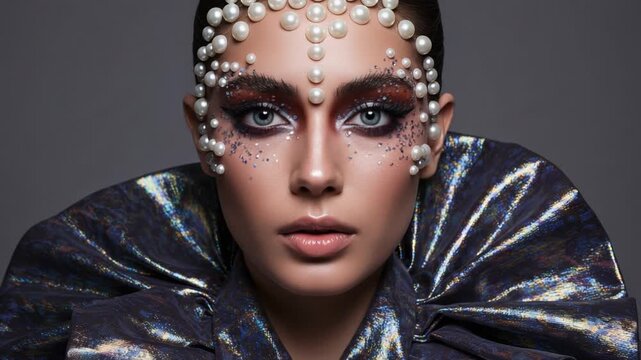 Stunning Fashion Portrait Featuring Extravagant Makeup and Artistic Styling with Pearls and Shimmering Textures Captivating Viewers with a Unique Aesthetic